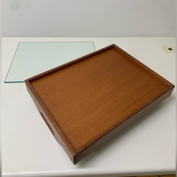 Mid Century Vintage Handled Glass Surface Dovetail Jointed Hardwood Tray - Picture 9 of 16
